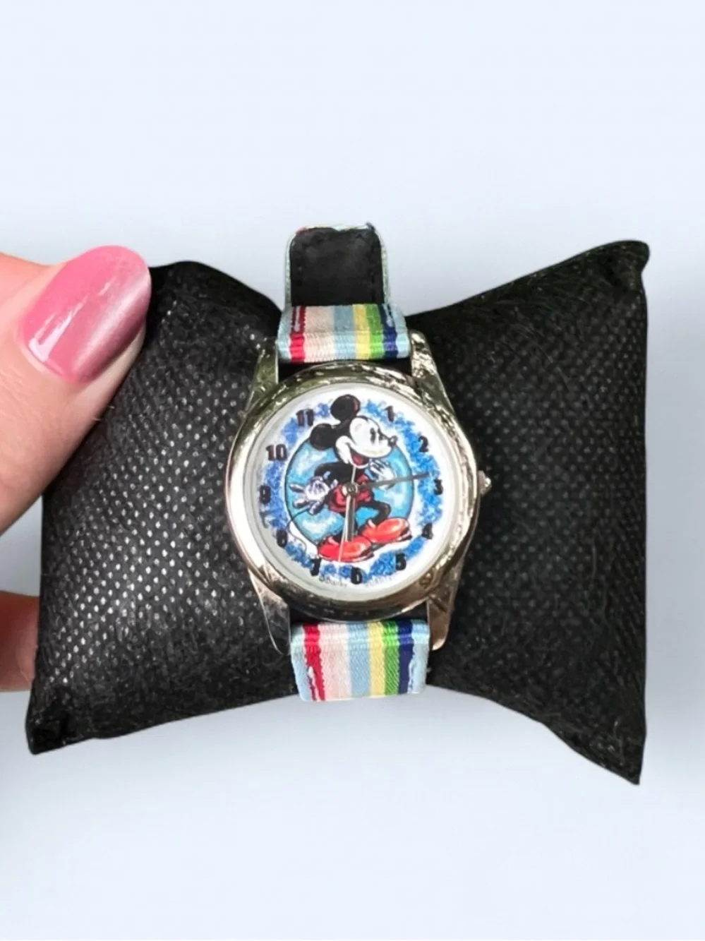 Vintage Disney Time Works Mickey Mouse Wristwatch Rainbow Stripe Band
